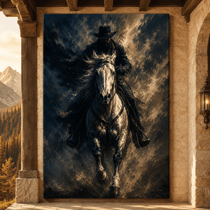 Galloping Cowboy on White Horse Wrapped Canvas Wall Art – Bold Abstract Western Action Print - ART OF ROYALS