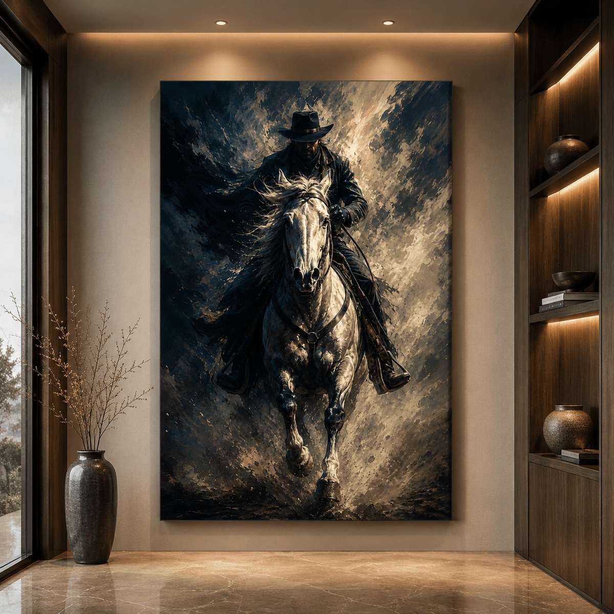 Galloping Cowboy on White Horse Wrapped Canvas Wall Art – Bold Abstract Western Action Print - ART OF ROYALS