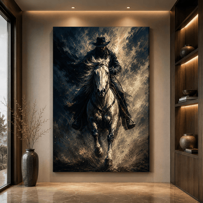 Galloping Cowboy on White Horse Wrapped Canvas Wall Art – Bold Abstract Western Action Print - ART OF ROYALS