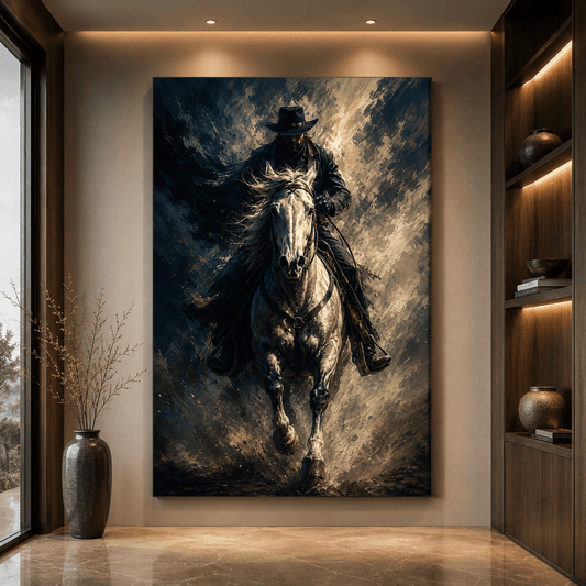 Galloping Cowboy on White Horse Wrapped Canvas Wall Art – Bold Abstract Western Action Print - ART OF ROYALS