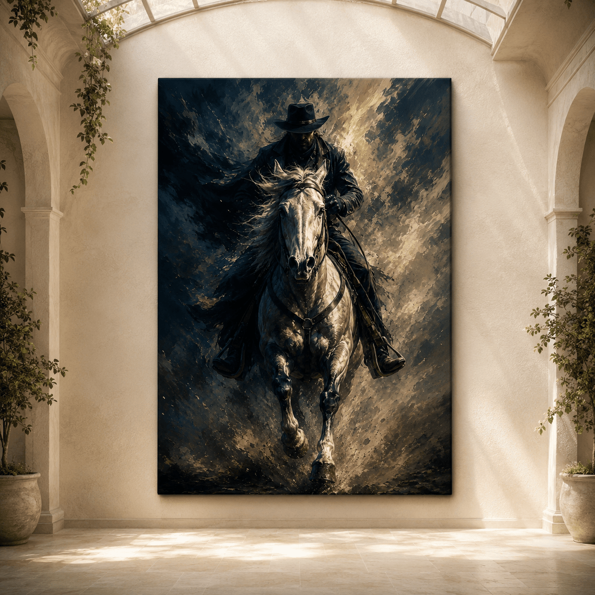 Galloping Cowboy on White Horse Wrapped Canvas Wall Art – Bold Abstract Western Action Print - ART OF ROYALS