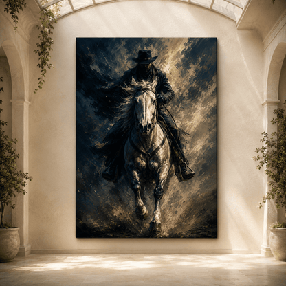 Galloping Cowboy on White Horse Wrapped Canvas Wall Art – Bold Abstract Western Action Print - ART OF ROYALS