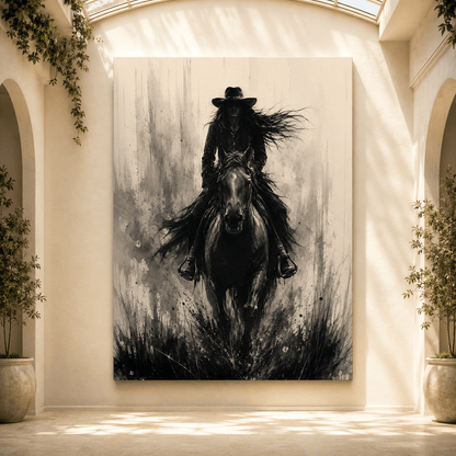 Monochrome Ink Wash Rider Wrapped Canvas Wall Art – Gothic Western Horse Silhouette Print - ART OF ROYALS