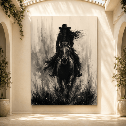 Monochrome Ink Wash Rider Wrapped Canvas Wall Art – Gothic Western Horse Silhouette Print - ART OF ROYALS