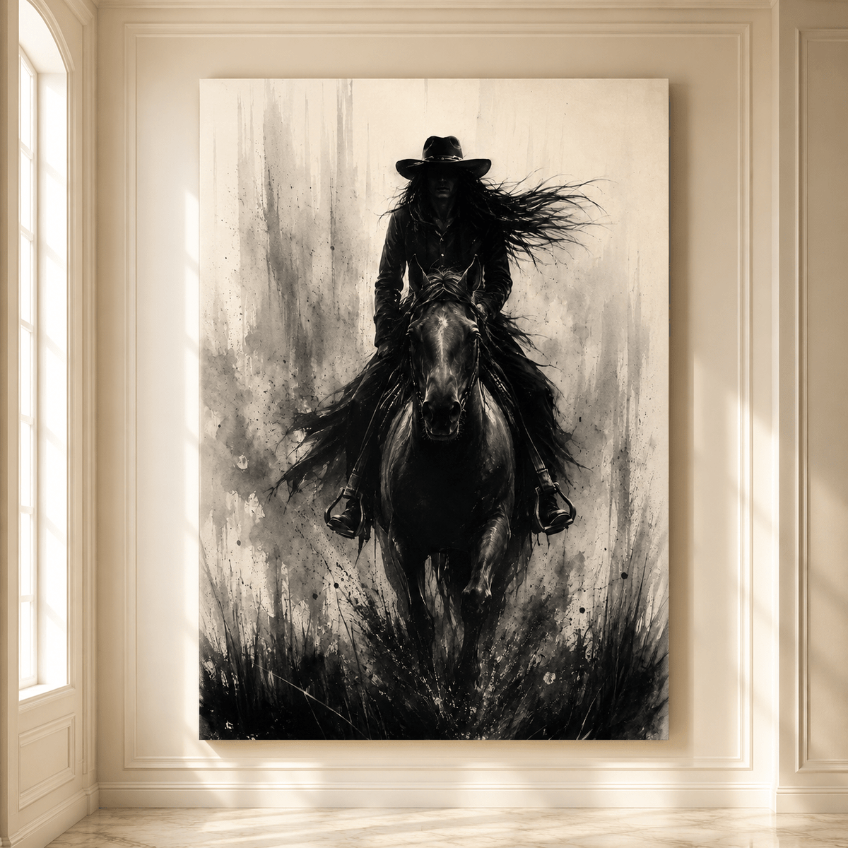 Monochrome Ink Wash Rider Wrapped Canvas Wall Art – Gothic Western Horse Silhouette Print - ART OF ROYALS