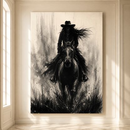 Monochrome Ink Wash Rider Wrapped Canvas Wall Art – Gothic Western Horse Silhouette Print - ART OF ROYALS