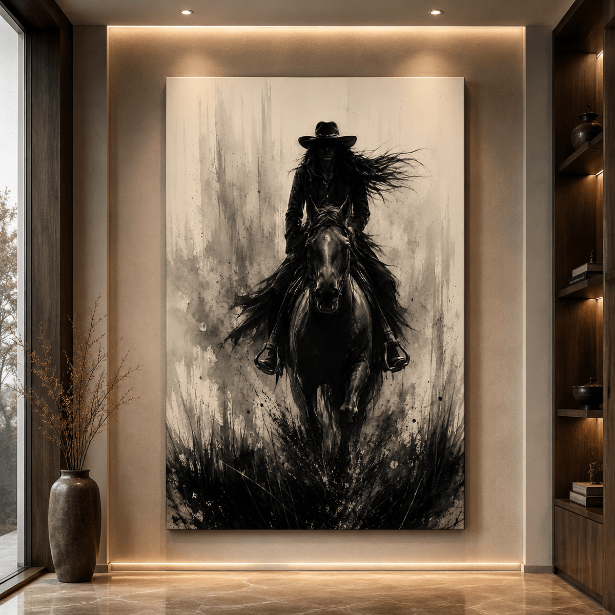 Monochrome Ink Wash Rider Wrapped Canvas Wall Art – Gothic Western Horse Silhouette Print - ART OF ROYALS