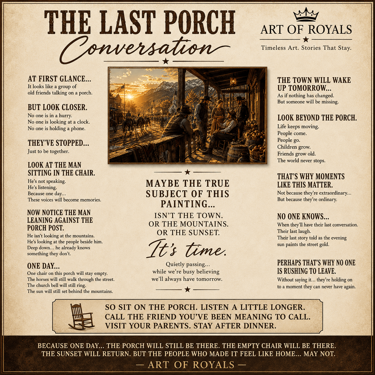 Porchside Conversations – Western Town Canvas Wall Art - ART OF ROYALS