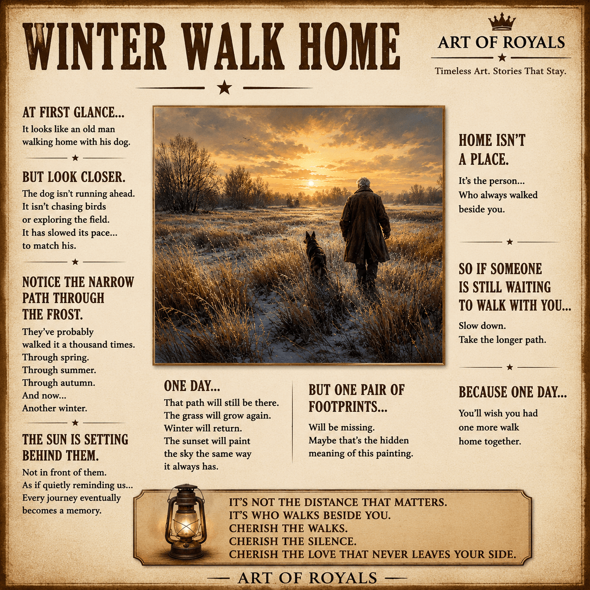 Winter Walk Home – Man and Dog Country Field Canvas Wall Art - ART OF ROYALS