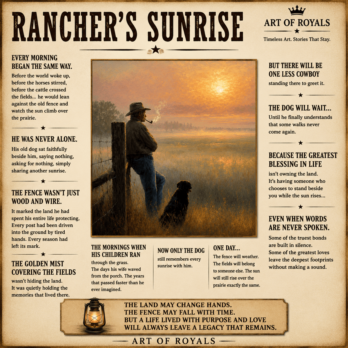 Rancher's Sunrise – Cowboy and Dog Fence Line Canvas Wall Art - ART OF ROYALS
