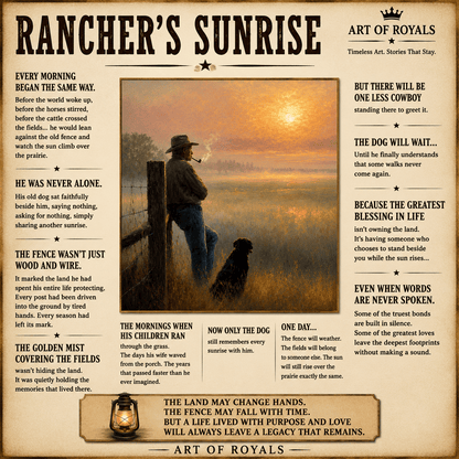 Rancher's Sunrise – Cowboy and Dog Fence Line Canvas Wall Art - ART OF ROYALS