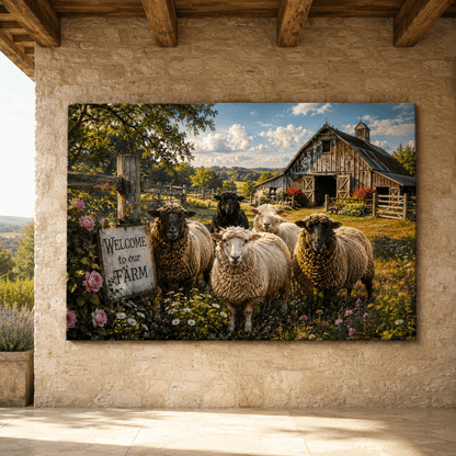 Welcome to Our Farm – Sheep and Barn Canvas Wall Art - ART OF ROYALS