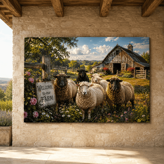 Welcome to Our Farm – Sheep and Barn Canvas Wall Art - ART OF ROYALS