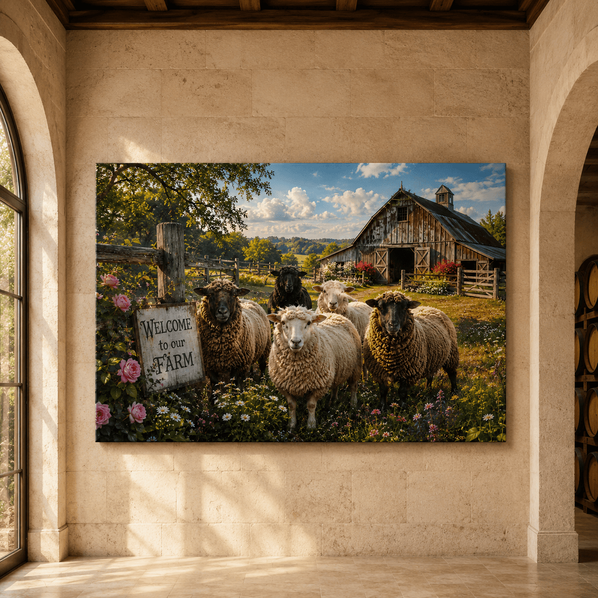 Welcome to Our Farm – Sheep and Barn Canvas Wall Art - ART OF ROYALS