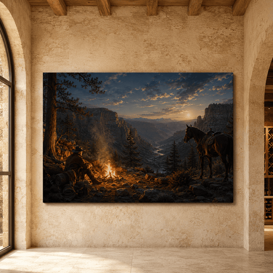 Canyon Camp – Cowboy Campfire at Sunset Canvas Wall Art - ART OF ROYALS