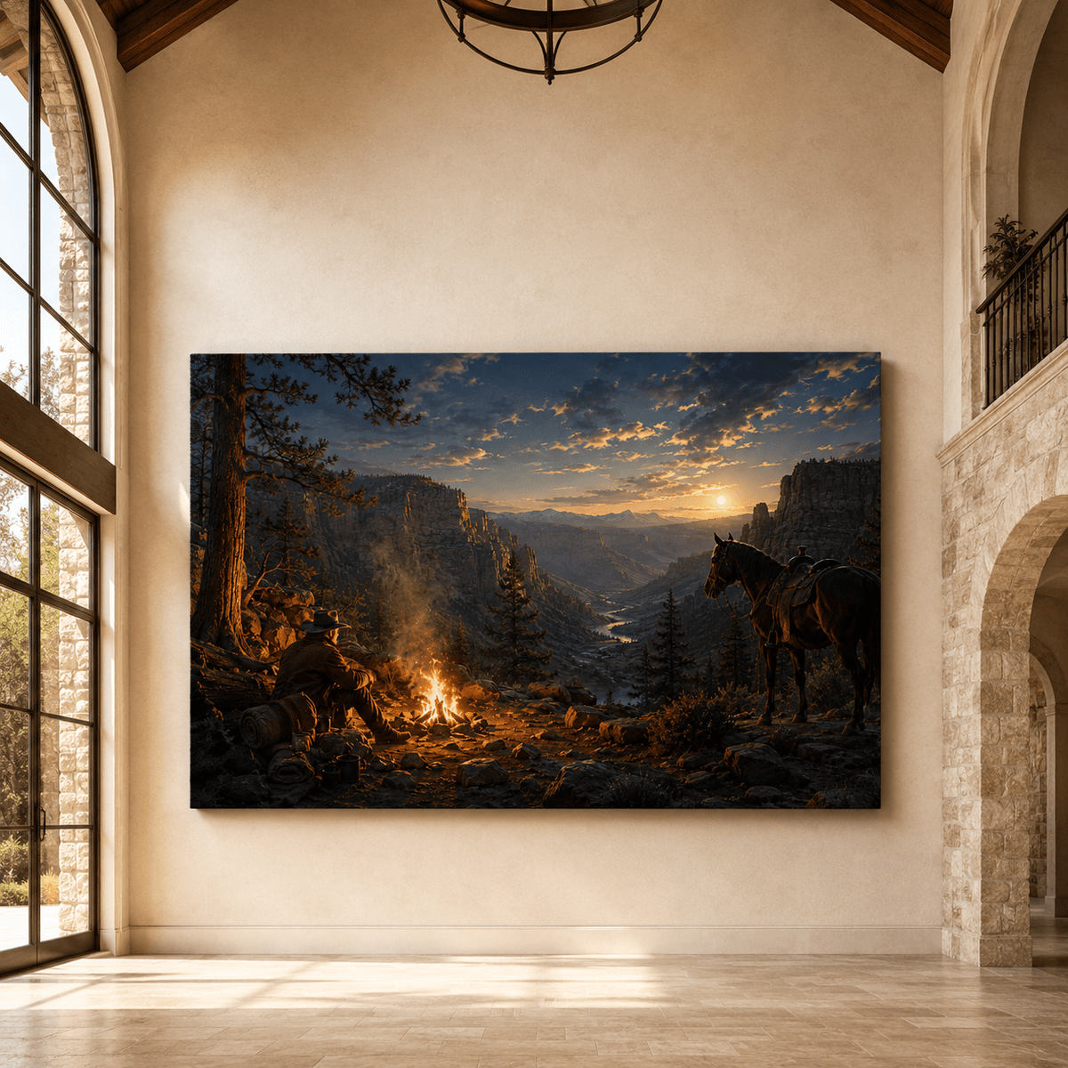 Canyon Camp – Cowboy Campfire at Sunset Canvas Wall Art - ART OF ROYALS