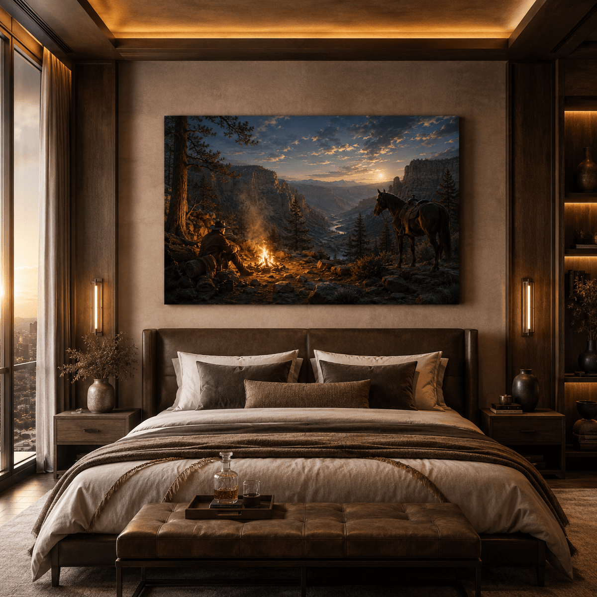 Canyon Camp – Cowboy Campfire at Sunset Canvas Wall Art - ART OF ROYALS
