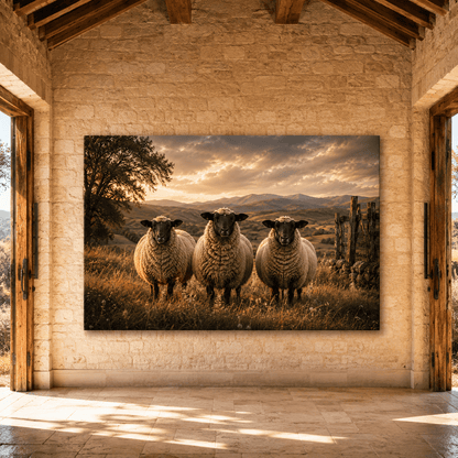 Golden Pasture Trio – Sheep at Sunset Canvas Wall Art - ART OF ROYALS