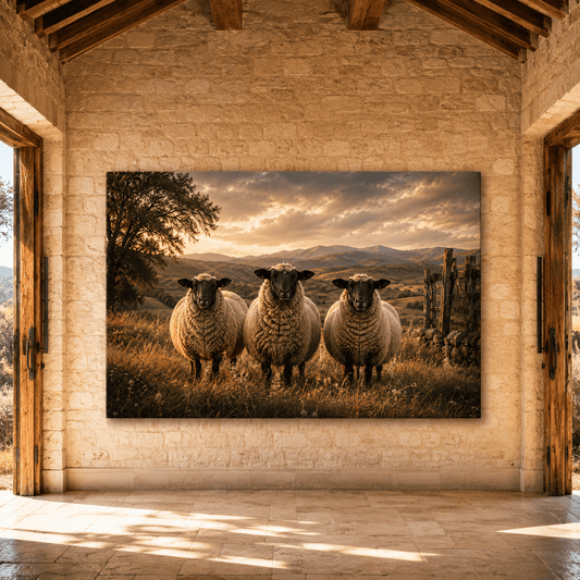 Golden Pasture Trio – Sheep at Sunset Canvas Wall Art - ART OF ROYALS