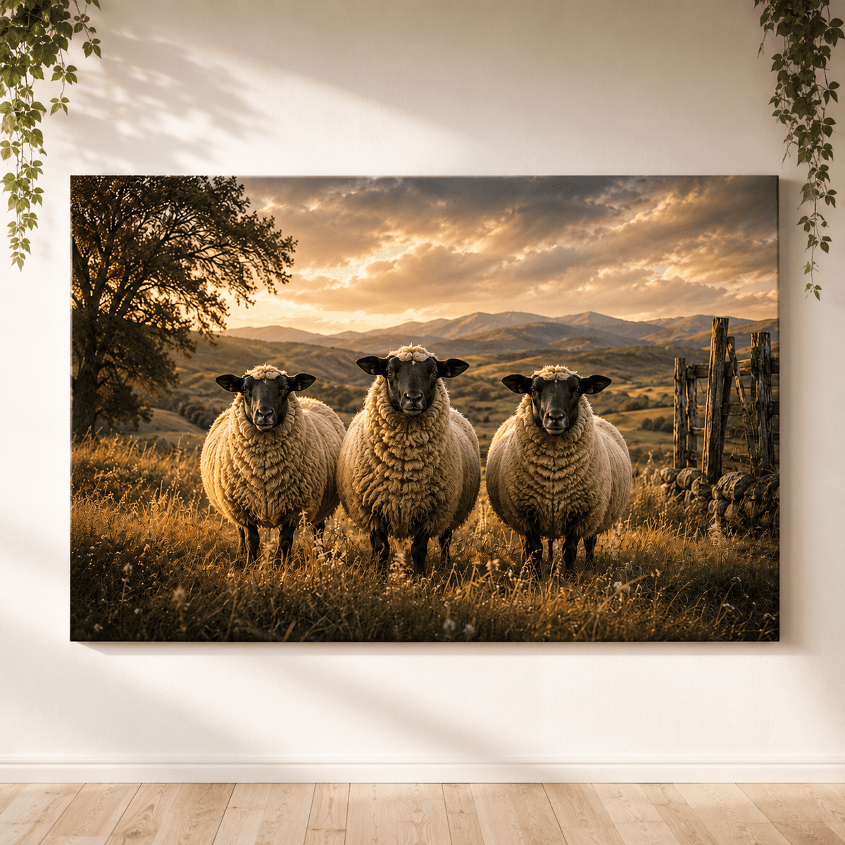 Golden Pasture Trio – Sheep at Sunset Canvas Wall Art - ART OF ROYALS