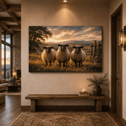 Golden Pasture Trio – Sheep at Sunset Canvas Wall Art - ART OF ROYALS