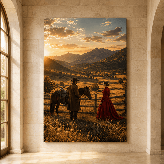 Fence Line Romance – Cowboy and Western Couple Canvas Wall Art - ART OF ROYALS