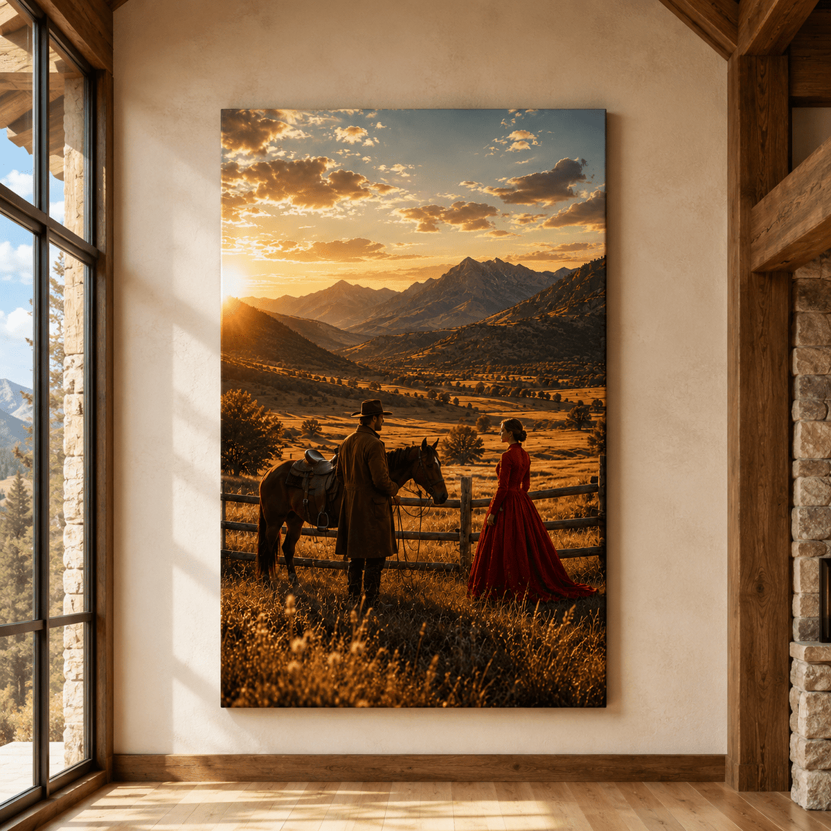 Fence Line Romance – Cowboy and Western Couple Canvas Wall Art - ART OF ROYALS