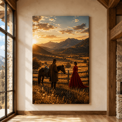 Fence Line Romance – Cowboy and Western Couple Canvas Wall Art - ART OF ROYALS