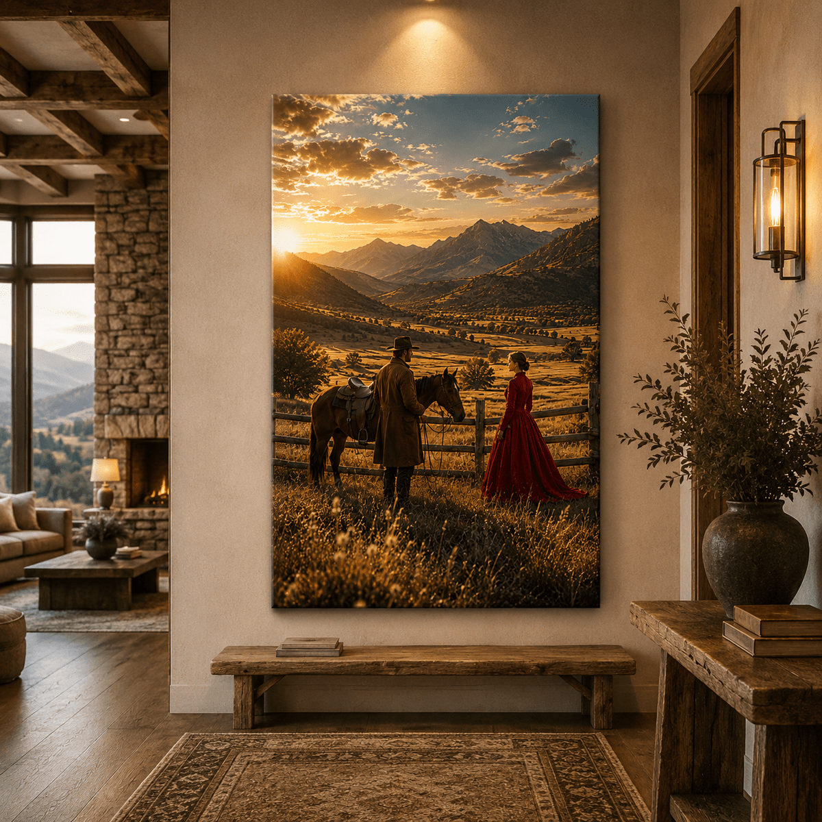 Fence Line Romance – Cowboy and Western Couple Canvas Wall Art - ART OF ROYALS