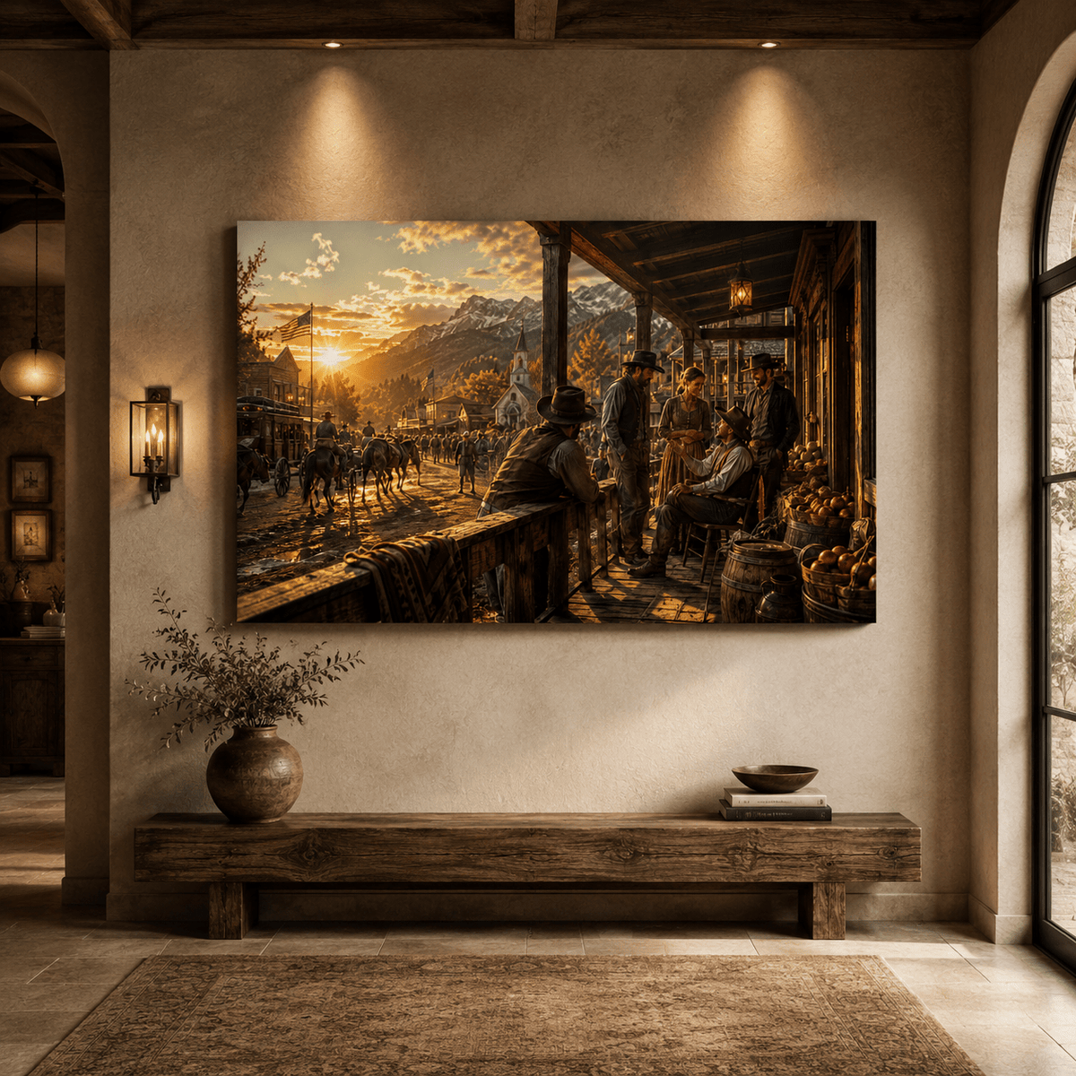 Porchside Conversations – Western Town Canvas Wall Art - ART OF ROYALS