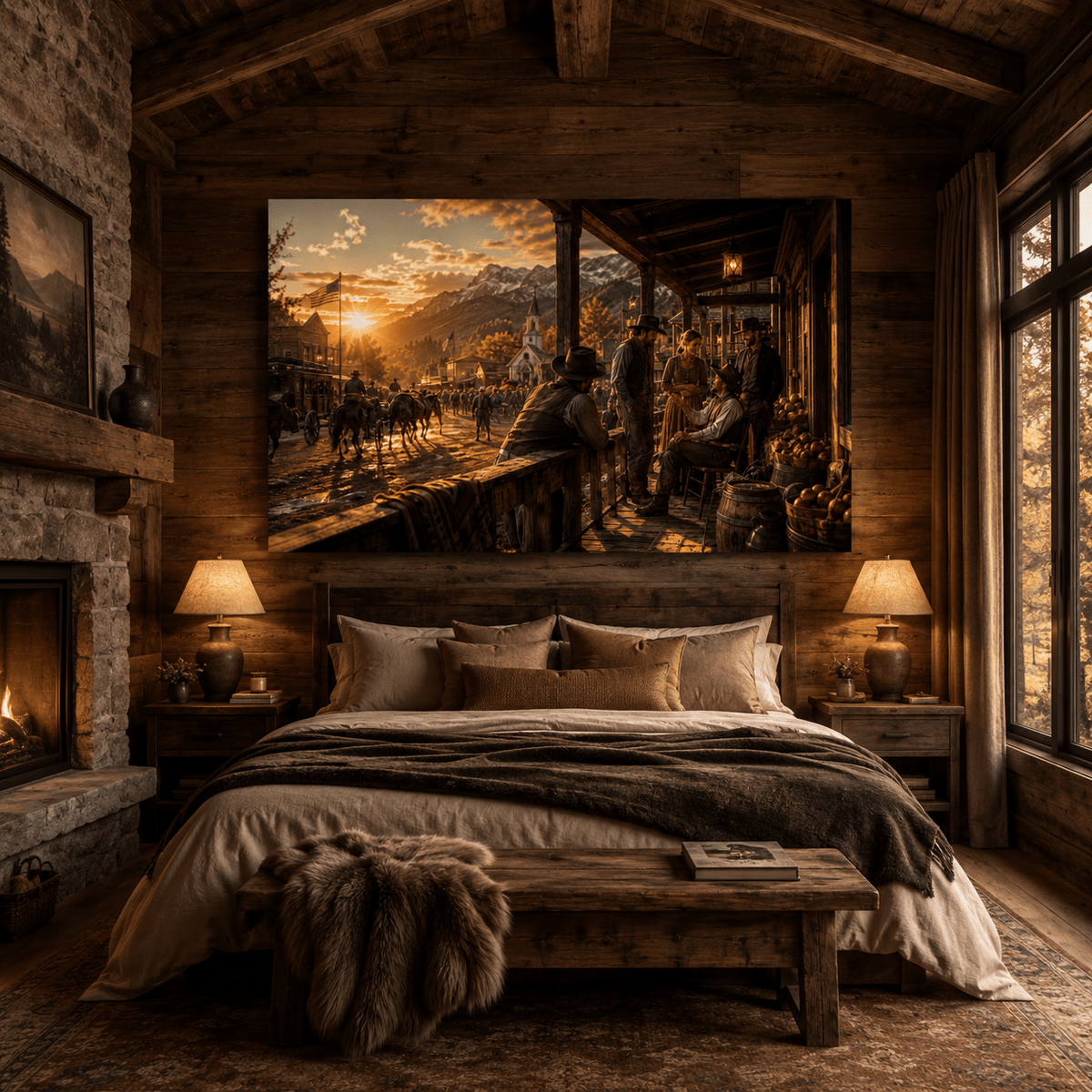 Porchside Conversations – Western Town Canvas Wall Art - ART OF ROYALS