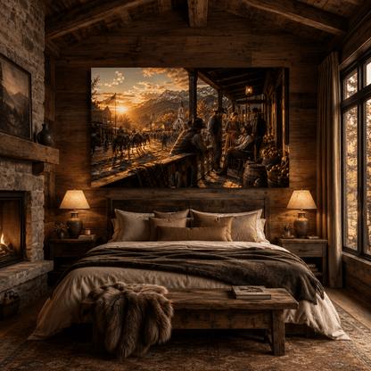 Porchside Conversations – Western Town Canvas Wall Art - ART OF ROYALS