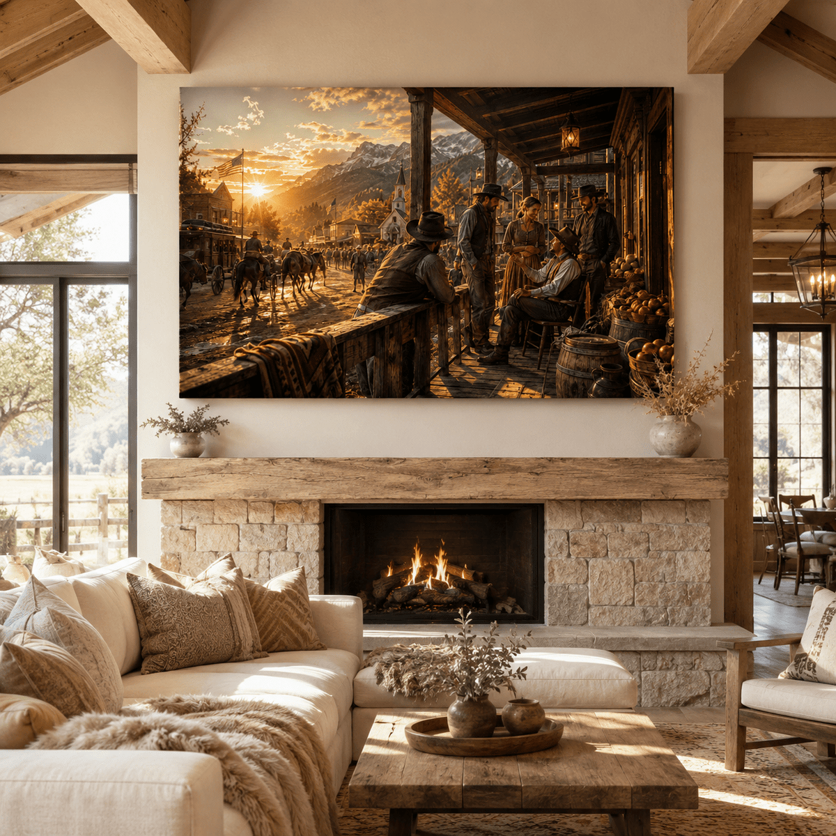 Porchside Conversations – Western Town Canvas Wall Art - ART OF ROYALS