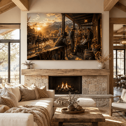 Porchside Conversations – Western Town Canvas Wall Art - ART OF ROYALS
