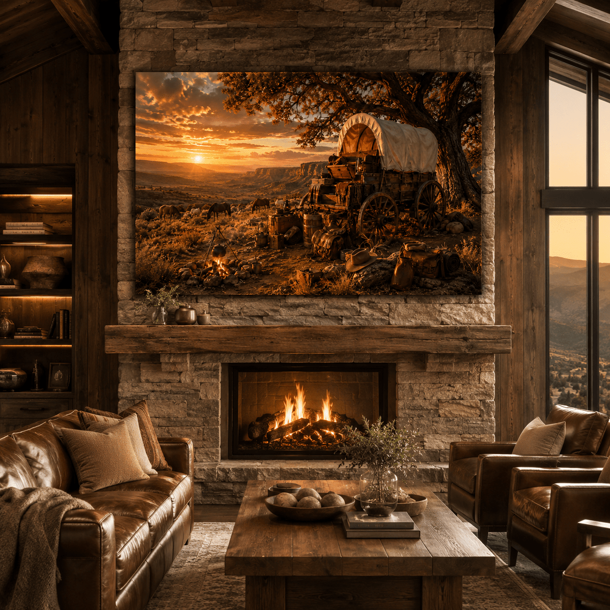 Frontier Camp at Sunset – Covered Wagon Canvas Wall Art - ART OF ROYALS