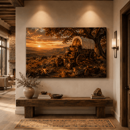 Frontier Camp at Sunset – Covered Wagon Canvas Wall Art - ART OF ROYALS