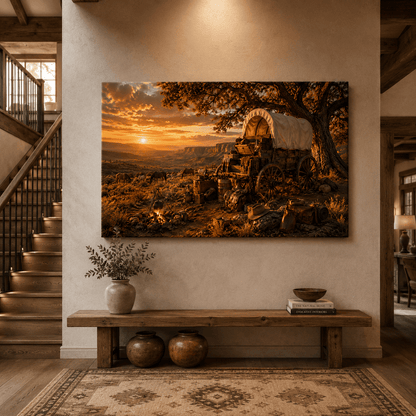 Frontier Camp at Sunset – Covered Wagon Canvas Wall Art - ART OF ROYALS