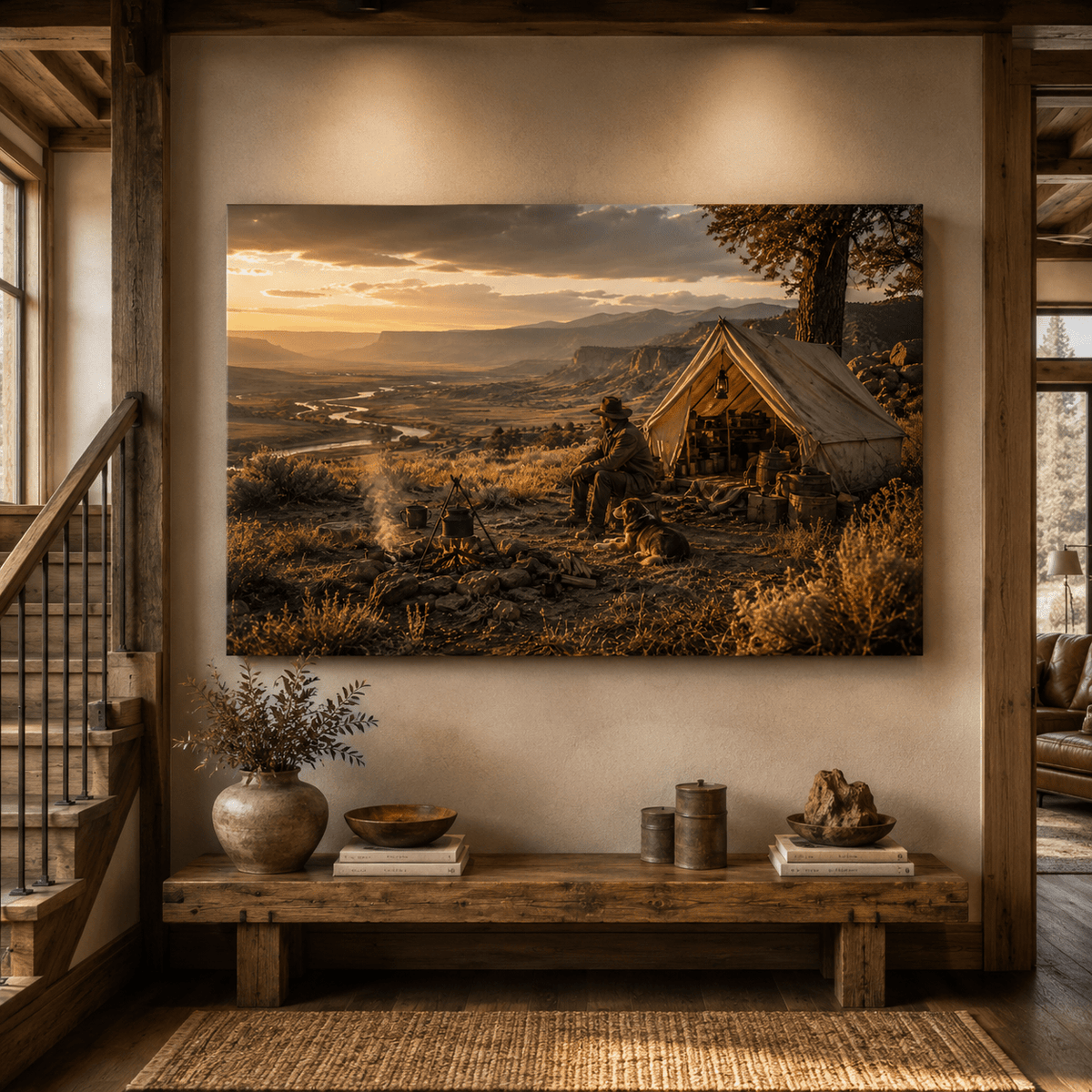 Frontier Cowboy Camp at Sunset – Western Canvas Wall Art - ART OF ROYALS