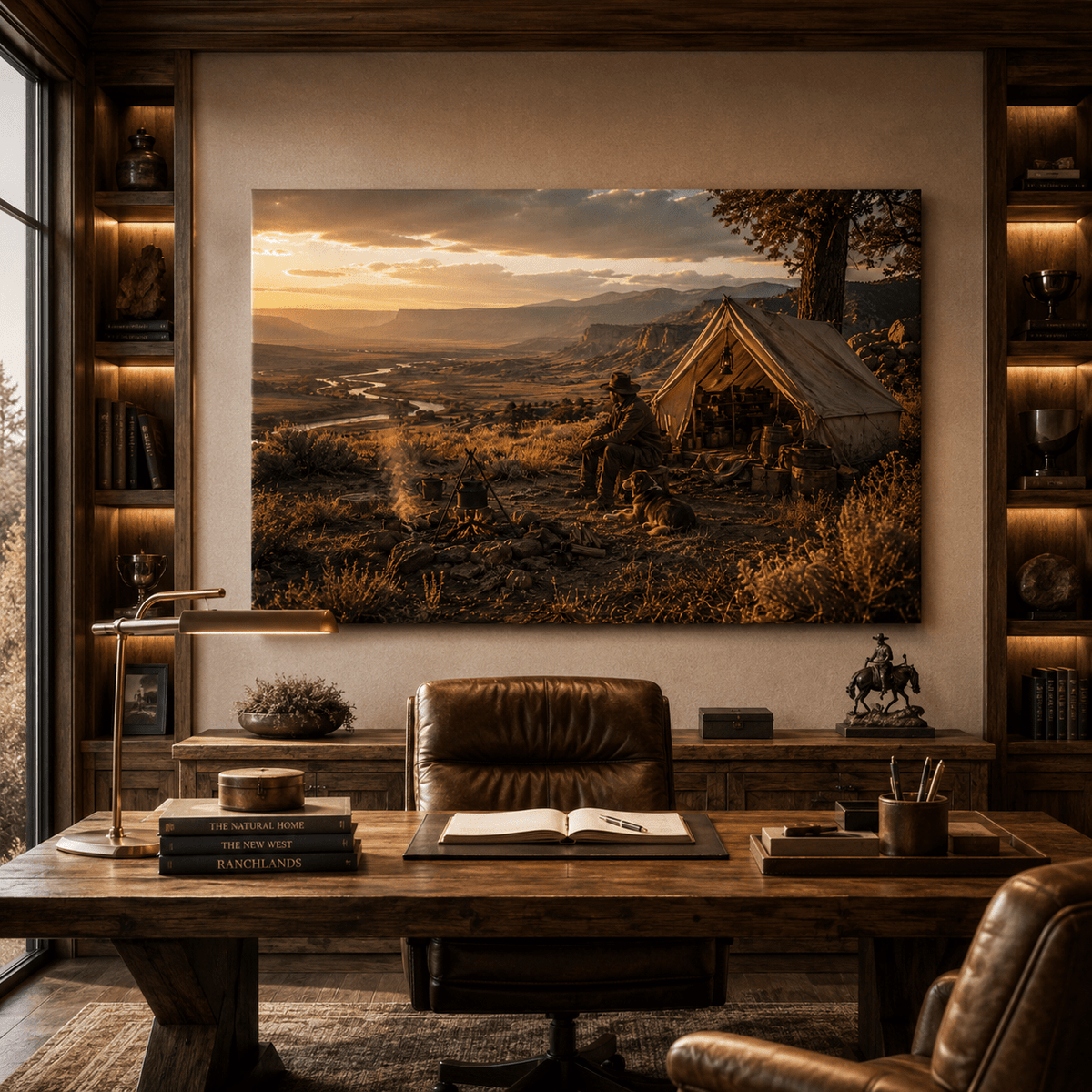 Frontier Cowboy Camp at Sunset – Western Canvas Wall Art - ART OF ROYALS