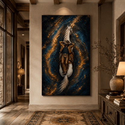 Cosmic Cowboy on White Horse – Galaxy Western Canvas Wall Art - ART OF ROYALS