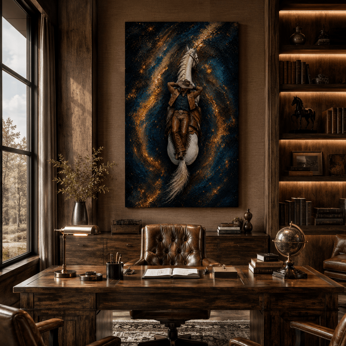 Cosmic Cowboy on White Horse – Galaxy Western Canvas Wall Art - ART OF ROYALS