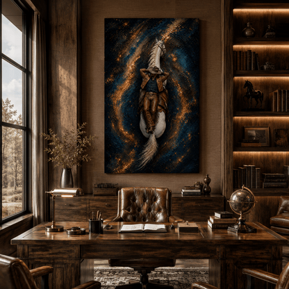Cosmic Cowboy on White Horse – Galaxy Western Canvas Wall Art - ART OF ROYALS