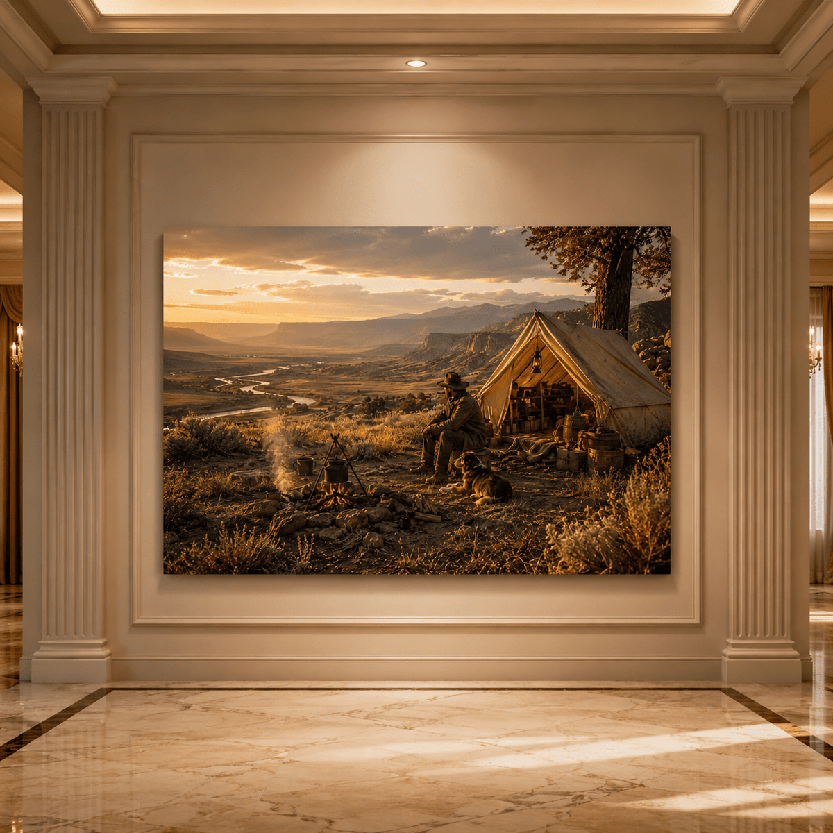 Frontier Cowboy Camp at Sunset – Western Canvas Wall Art - ART OF ROYALS
