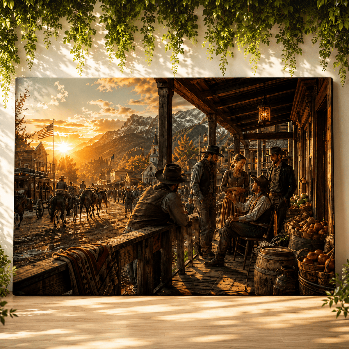 Porchside Conversations – Western Town Canvas Wall Art - ART OF ROYALS