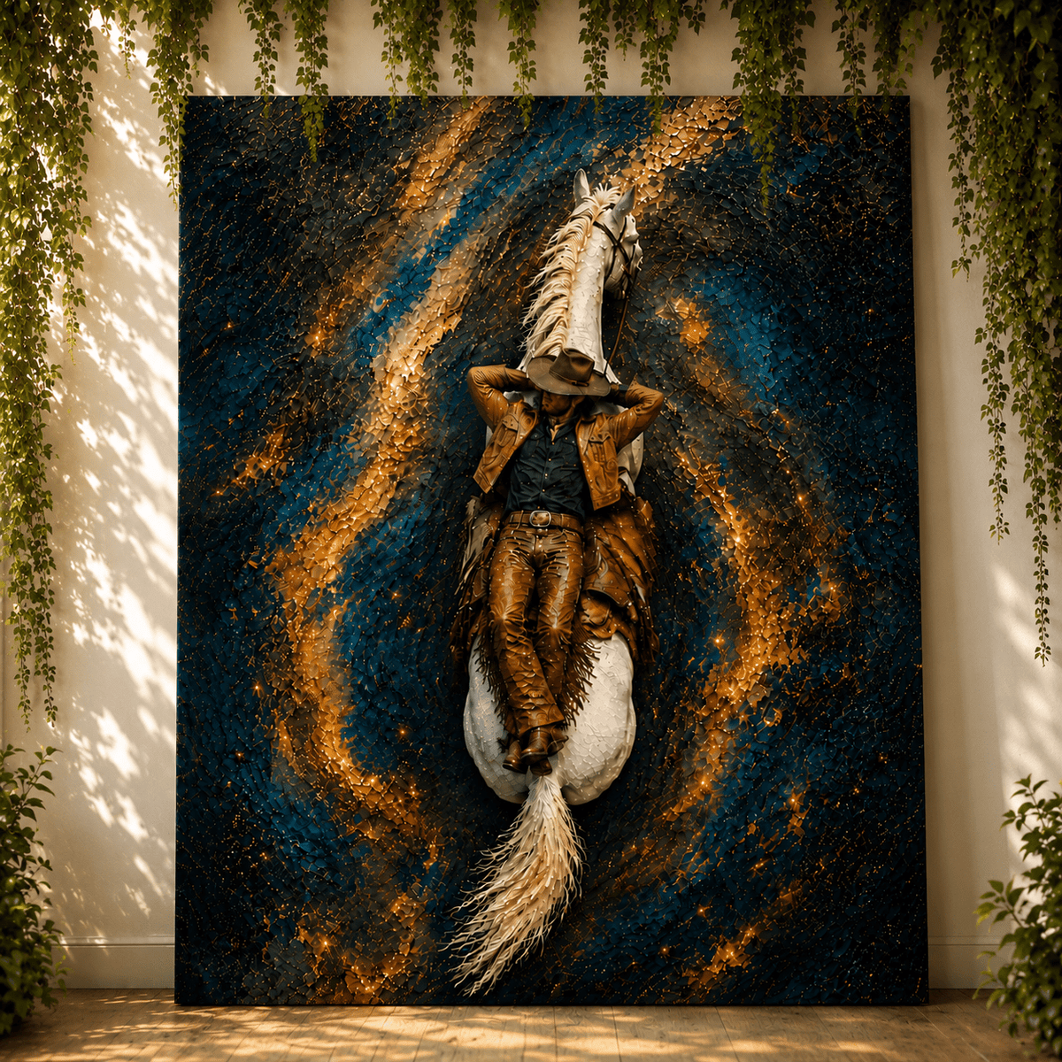 Cosmic Cowboy on White Horse – Galaxy Western Canvas Wall Art - ART OF ROYALS