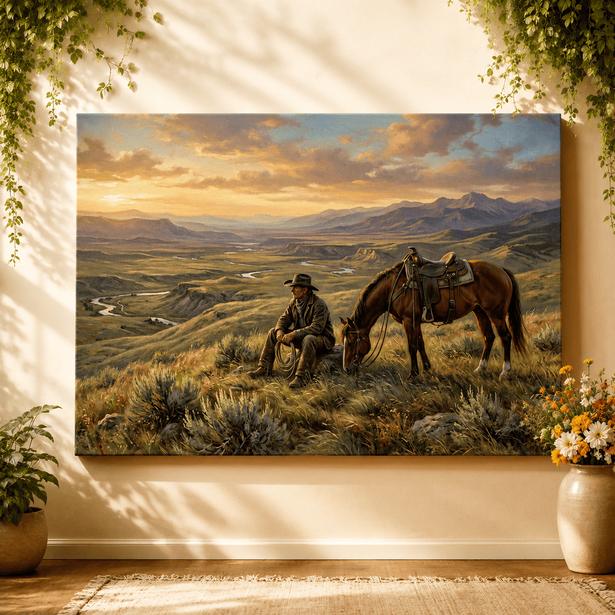 Where the Horizon Ends Lone Cowboy Canvas Wall Art – Western Landscape & Rustic Ranch Decor - ART OF ROYALS