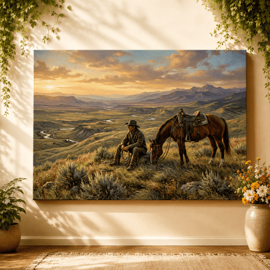 Where the Horizon Ends Lone Cowboy Canvas Wall Art – Western Landscape & Rustic Ranch Decor - ART OF ROYALS