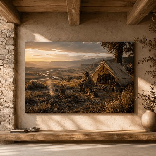 Frontier Cowboy Camp at Sunset – Western Canvas Wall Art - ART OF ROYALS