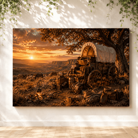 Frontier Camp at Sunset – Covered Wagon Canvas Wall Art - ART OF ROYALS