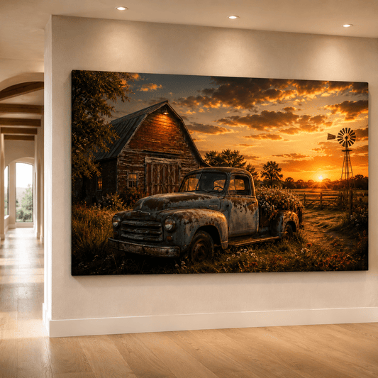 Rustic Sunset Memories – Vintage Farm Truck Canvas Wall Art - ART OF ROYALS